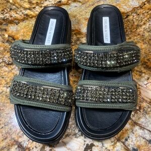 NWOT Chelsea & Violet camo/olive studded slip on sandals size 7